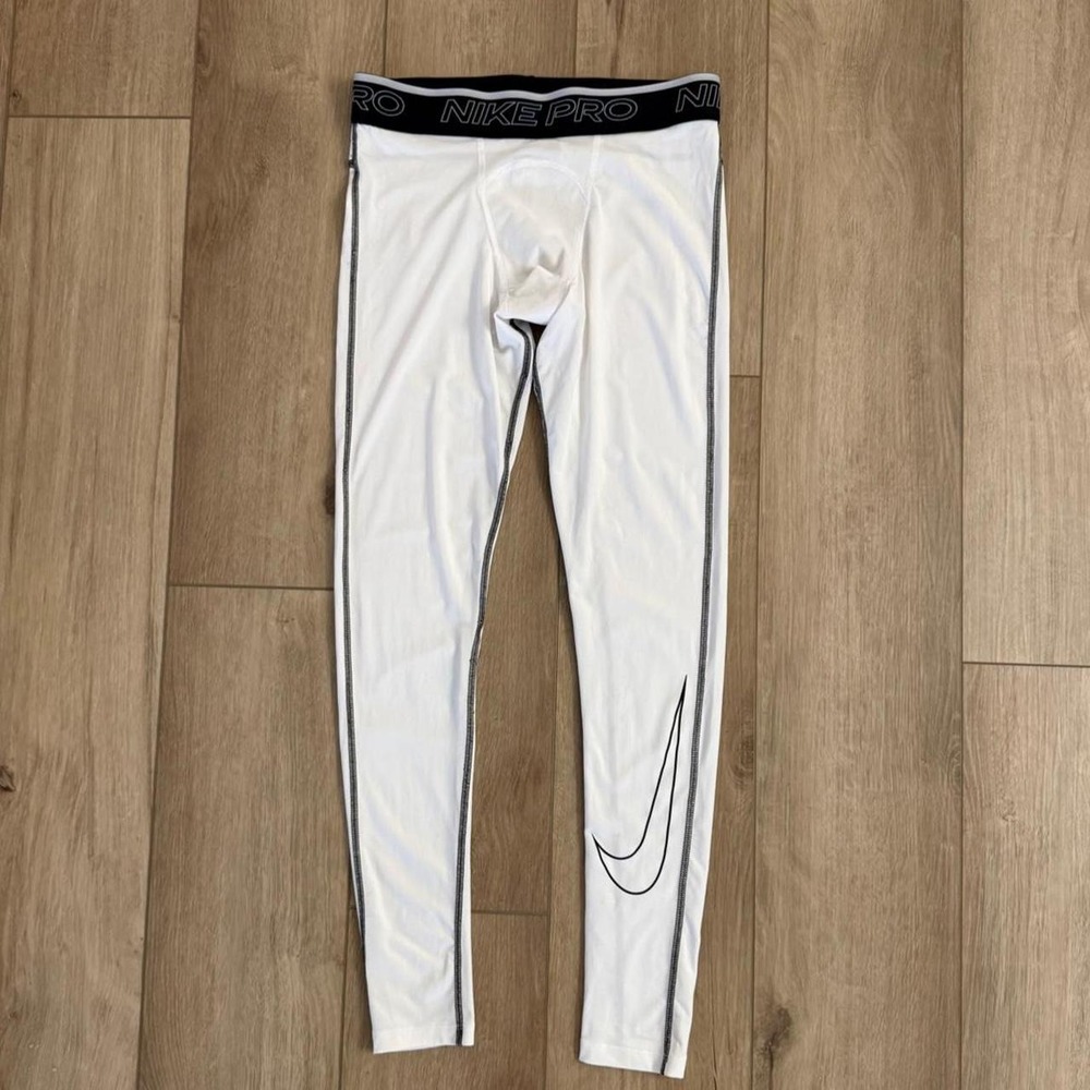 Nike Pro white polyester & elastane leggings with black side stripes size M